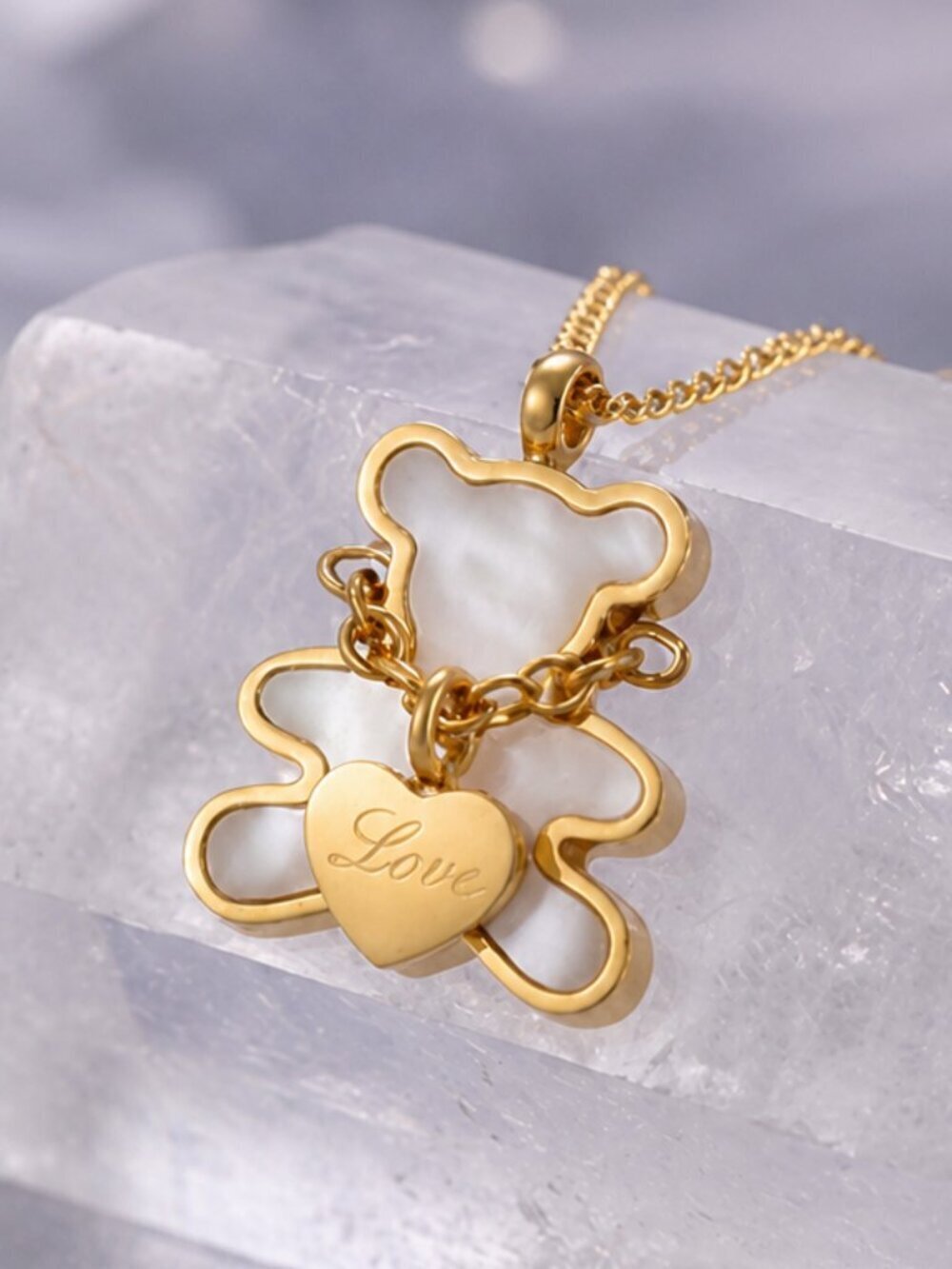 18K Gold Plated SS Shell Teddy Bear Necklace Love Heart Coquette Balletcore 16in - Picture 15 of 17